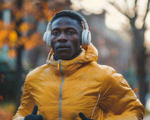 Urban runner, a black man in motion, harnesses music's power through his headphones, embracing the marathon ahead - obrazy, fototapety, plakaty