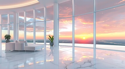 Modern luxury interior background with panoramic windows and sunset view