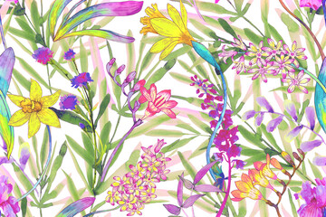 Floral seamless pattern with daffodils, hyacinths and wildflowers. Floral background with watercolor flowers. - 775761409