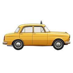 Classic yellow taxi car with checkered detail. Retro cab illustration isolated on transparent background PNG. Urban transportation concept for design and print.