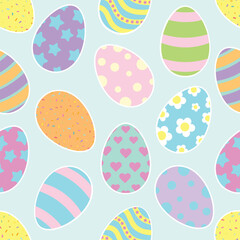 Happy Easter vector seamless pattern with decorated and painted eggs. Flat style design in creative pastel colors