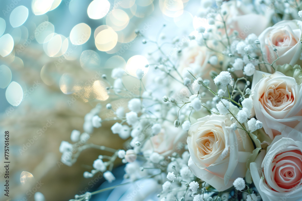 Poster wedding bouquet of roses. background with space for text. created with generative ai technology.
