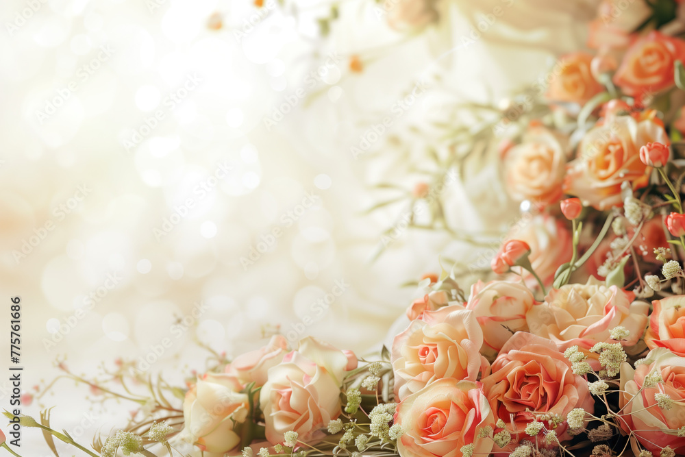 Poster wedding bouquet of roses. background with space for text. created with generative ai technology.