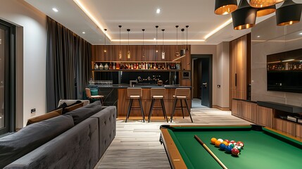 Modern open plan living room with bar counter and snooker table - obrazy, fototapety, plakaty