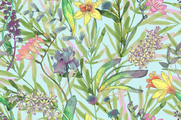 Floral seamless pattern with daffodils, hyacinths and wildflowers. Floral background with watercolor flowers.
