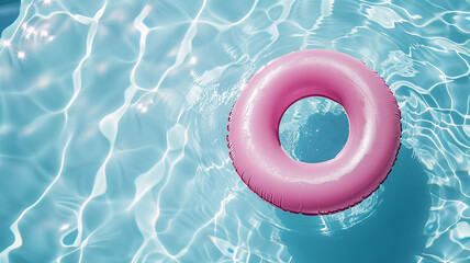 A pink inflatable ring floating on blue water in a swimming pool. - obrazy, fototapety, plakaty