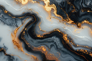 Abstract background of black and gray marble with golden veins, with swirling patterns that create an elegant composition. Created with Ai