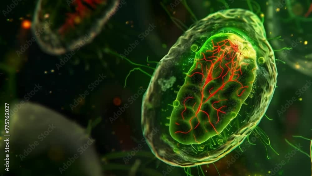 Poster an overlay image of a cells mitochondria stained green and the surrounding cellular structures stain