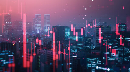 A stock market graph with city background