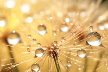 Water drops on dandelion seed macro in beige tones