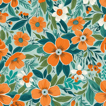 An orange and blue floral design, free brushstroke style, scrapbook aesthetics, green and cyan hues bright colors illustration