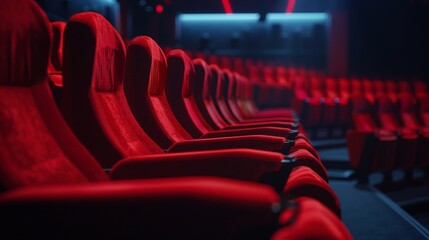 Red soft chairs in the stands of an empty cinema, isolated on a black background with a clipping path - obrazy, fototapety, plakaty