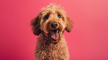 Portrait of a labradoodle looking at the camera on a pink background with mouth open