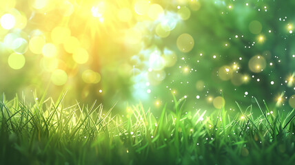 Fototapeta premium Abstract spring or summer nature background with blurred sunlight and green grass meadow.