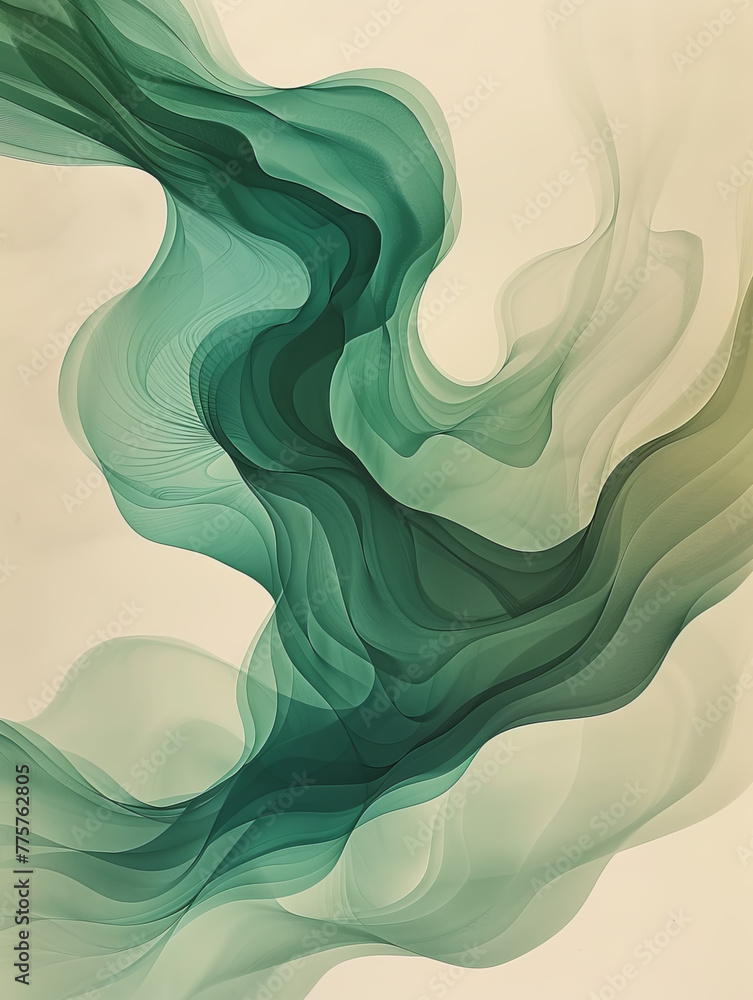 Aufkleber digital art of flowing green waves with an abstract design on a light gradient background, evoking c