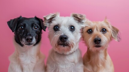 portrait of three dogs in front of a pink background