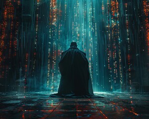 AI Priest, Robed in Light, Source Code Incantations, Holding a virtual sermon, Virtual Rain, Photography, Backlights - obrazy, fototapety, plakaty