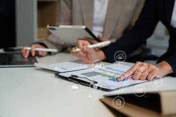 Business team present. professional investor working new start up project. tablet laptop computer with digital marketing media in the office.