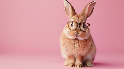 Red brown cute baby rabbit wearing glasses sitting on pink background