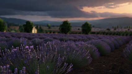 Fototapeta premium Lavender field sunset and lines