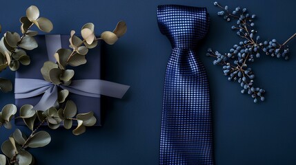 A sleek navy blue background adorned with a neatly arranged necktie and a classy gift box, creating a perfect Father's Day ensemble.