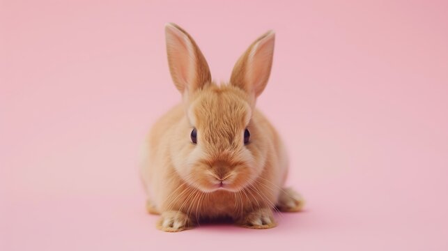 Red brown cute baby rabbit sitting on pink background
