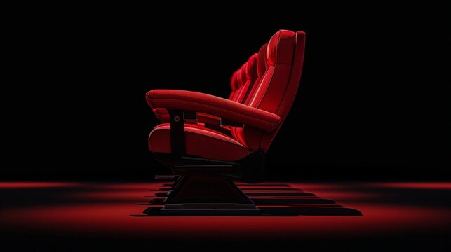 Red soft chairs in the stands of an empty cinema, isolated on a black background with a clipping path
