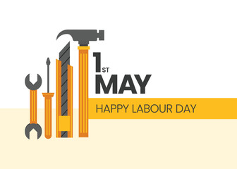 Happy Labor Day On 1 May, Labour Day Tools, Labour Day Vector Illustration, Labour Tools, Flat Color Illustration.