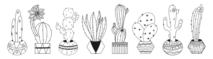 Set of cactus in pots in the doodle style, painted by hand. The coloring page. Outline of cactus with vintage pots for coloring or unique design. Black and white.