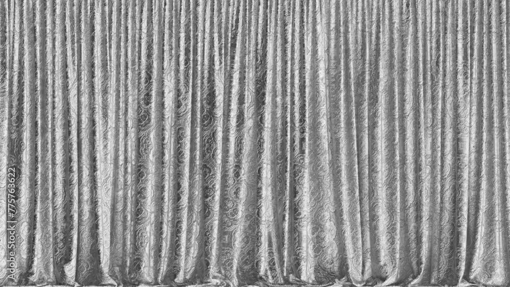Poster realistic 3d animation of the luxurious textured silver metallic curtain with embossed embroidered f