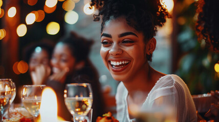 Beautiful woman laughing while having dinner with friends - obrazy, fototapety, plakaty