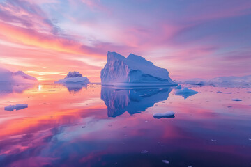 Scenic view of Icelandic icebergs floating in Arctic waters at sunrise or sunset. Northern Europe, Iceland. - obrazy, fototapety, plakaty