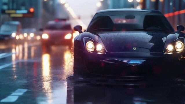 Futuristic super-fast speed electric sports cars in the rainy night city. Luxury hyperspeed auto drive concept.