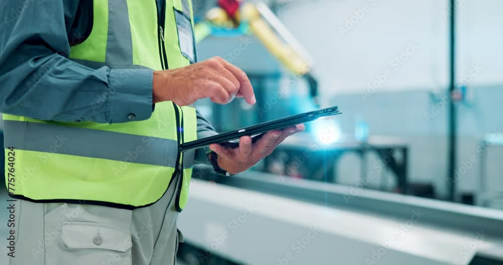 Leinwandbilder Engineering, hands and man with tablet, robotics or connection with app or project management. Person, inspection or architecture with tech, closeup or internet with planning, tools or online reading