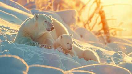 Arctic Serenity Mother Polar Bear with Cub at Sunset. Concept love between mom and children animals.