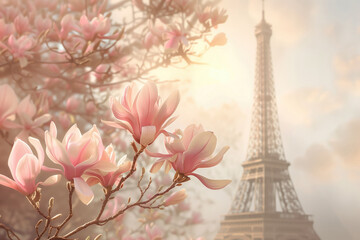 Fototapeta na wymiar Pink magnolia flowers in full bloom with Eiffel tower in the background. Early spring in Paris, France.