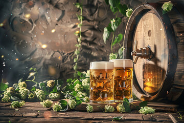 Craft Beer Glasses with Foam on Wooden Barrel Amidst Fresh Hops - obrazy, fototapety, plakaty