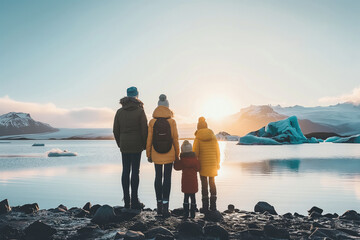 Family admiring beautiful glacier lagoon in Iceland. - obrazy, fototapety, plakaty