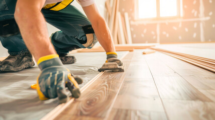Skilled Carpenter Installing Wooden Floor Planks in Sunlit Workshop
