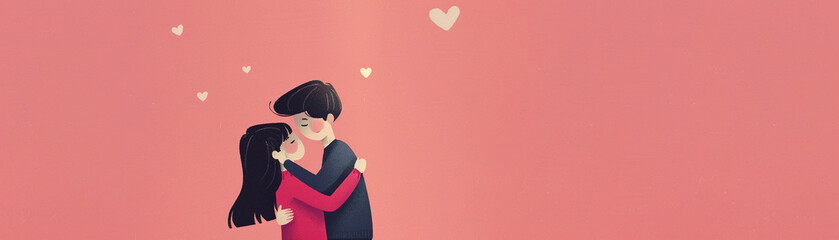 A minimalist interpretation of a hug between a boy and a girl, with a subtle heart motif.8K