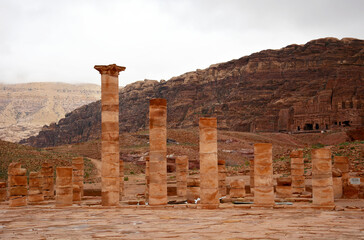 Sandstone columns lining in the ruins of the Great Temple built by the Nabataean civilization...