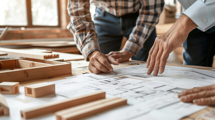 Professionals collaborate over blueprints in a woodworking workshop, their hands at work amidst tools and wood, discussing and planning a custom carpentry project with expertise and precision.