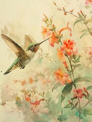 Pastel, detailed watercolor of a hummingbird hovering over a flower, 6K, ethereal and finely crafted