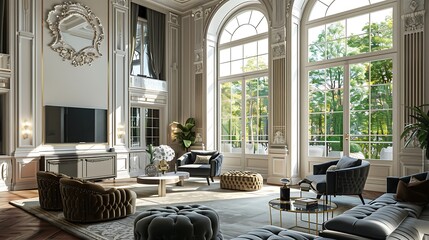 TV area with luxurious seating furniture in a classic interior with large windows and high ceilings