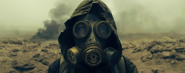 Underground Survivor, Gas mask, Determined look, Hiding from surveillance in a desolate wasteland, Seeking refuge, Outsmarting the enemy, Realistic, Silhouette lighting - obrazy, fototapety, plakaty