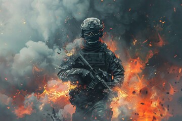a soldier in a fire - obrazy, fototapety, plakaty