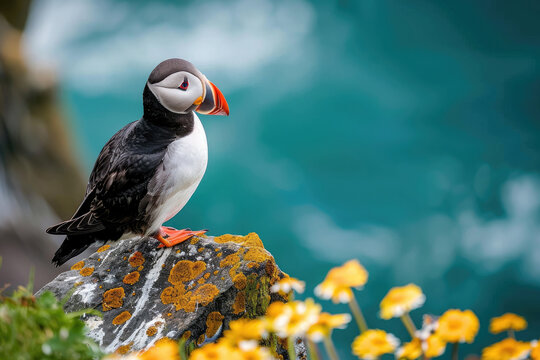 Atlantic Puffins bird or common Puffin in ocean blue background. Fratercula arctica. Iceland and Norway most popular birds