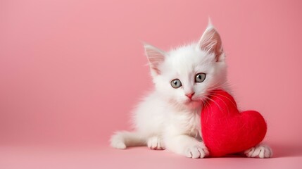 Valentine's day cat white kitten with a red heart on a pink background