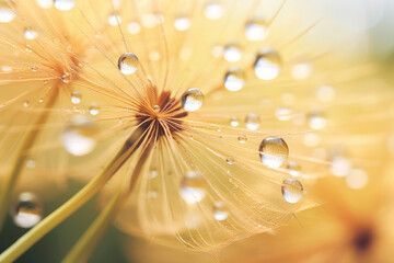 Water drops on dandelion seed macro in beige tones 