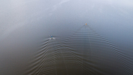 Aerial view of a fisherman's boat in Tasoh Lake, Perlis, Malaysia.